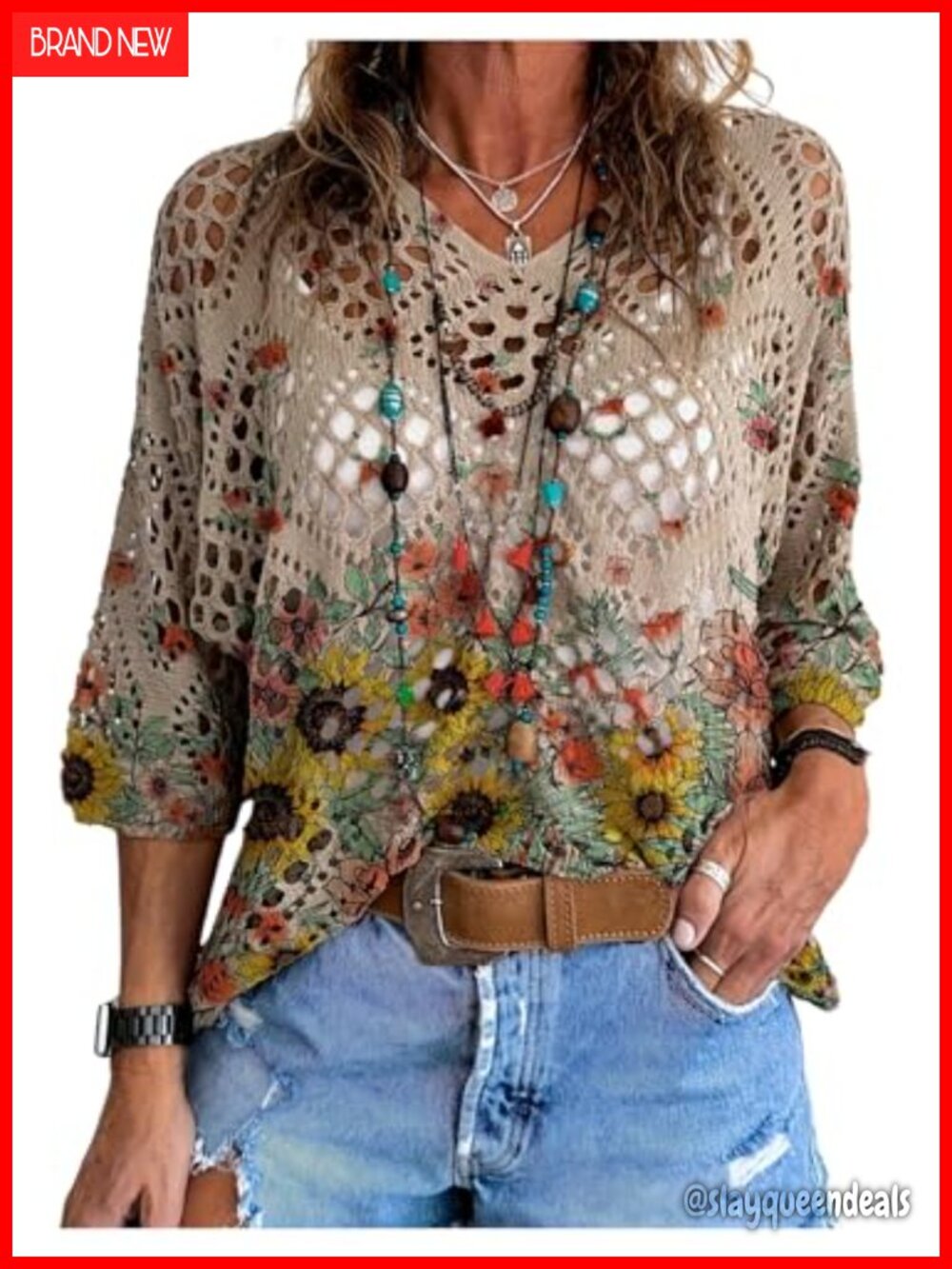 Boho Knit V-Neck Drop Shoulder Beach Cover Up Lightweight Summer Top